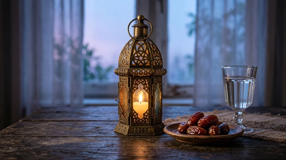 فانوس رمضان وتمر وماء عند وقت السحور